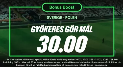 Comeon oddsboost Gyökeres gör mål mot Polen i VM Playoff